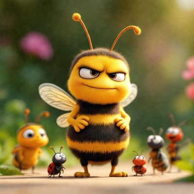 The primary subject of the image is a yellow and black bee with a frowning expression. The bee is standing in front of a group of other bees, which are of various sizes and colors. The setting appears to be a garden, as there are pink flowers in the background. The visual style of the image is a combination of photo and digital art, creating a unique and interesting scene. The colors and mood of the image are predominantly yellow and black, with a slightly angry or displeased expression on the